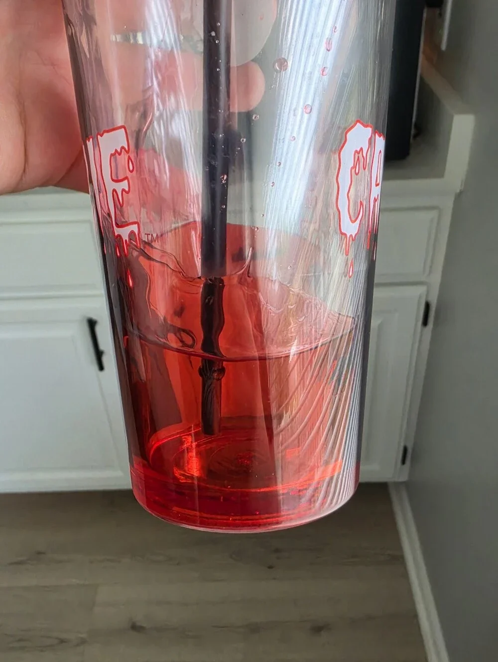 Hot Topic Clear Acrylic Tumbler with Red Lid and Black Straw - Carrie Graphic